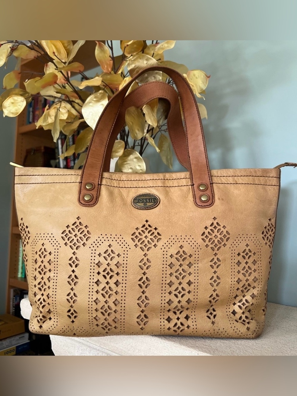 Fossil Beige Tan Unique Laser-Cut Leather Tote with Brown Handles